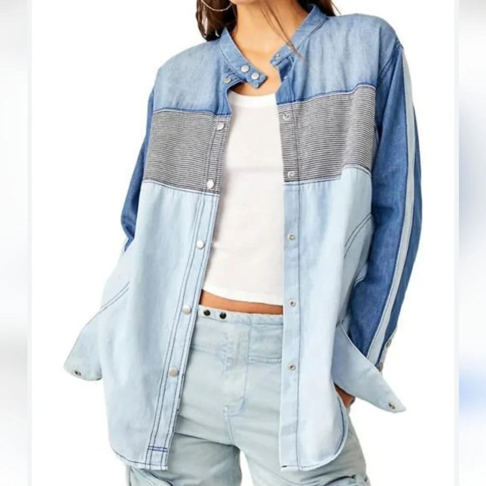 Free People Motto Color Block Shirt Blue Combo Size XL NWT